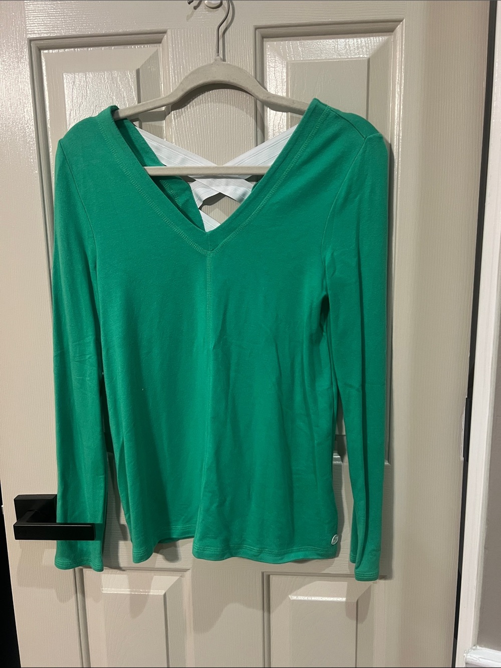 Lilly Pulitzer Emerald Green V-Neck Long Sleeve Top with White Crisscross Back